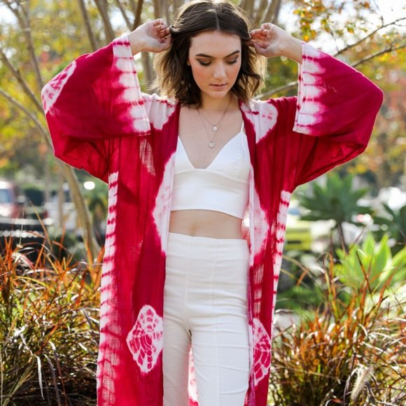 🚨 1 LEFT! JANIS Tie-Dye Longline Kimono w/Full Sleeves Berry - Picture 2 of 9
